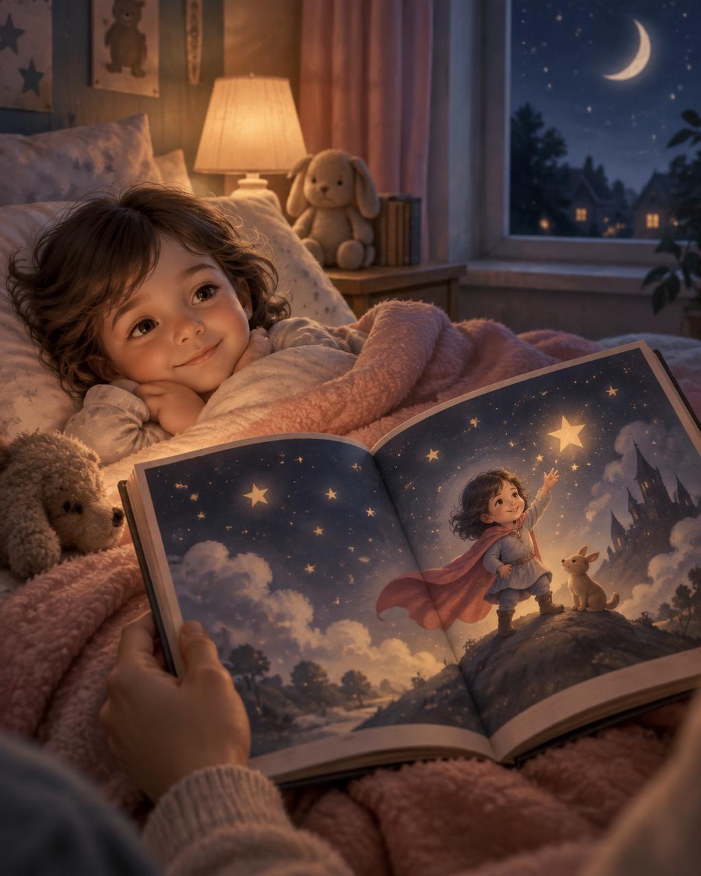 Een kind ligt in bed en kijkt blij naar een voorleesboek waarin het zelf de held is tussen de sterren